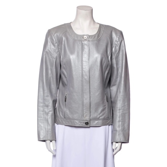 St.John Sport Lamb Leather Grey Silver Evening Jacket Size Medium Moto Vintage - Picture 1 of 8